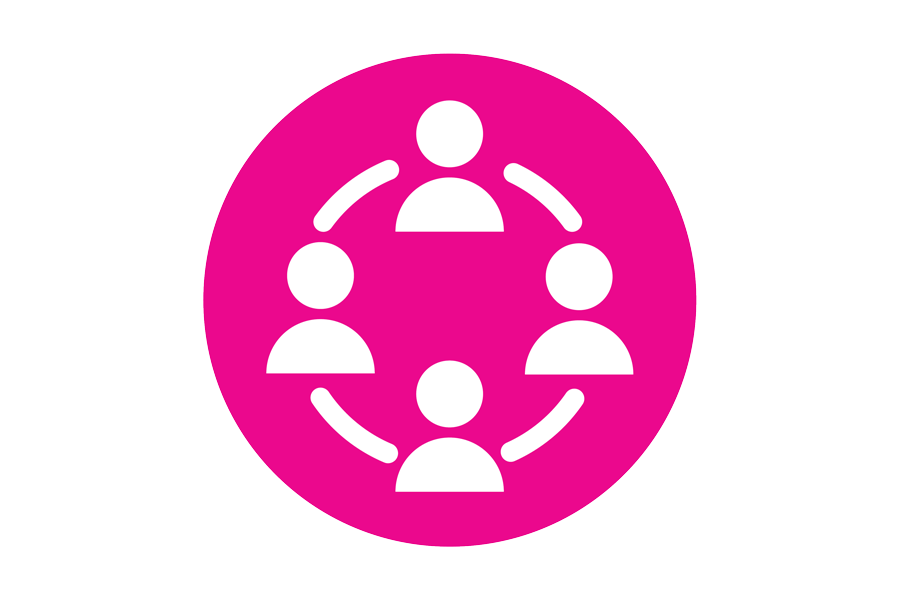 Graphic of people in a circle on a pink background.